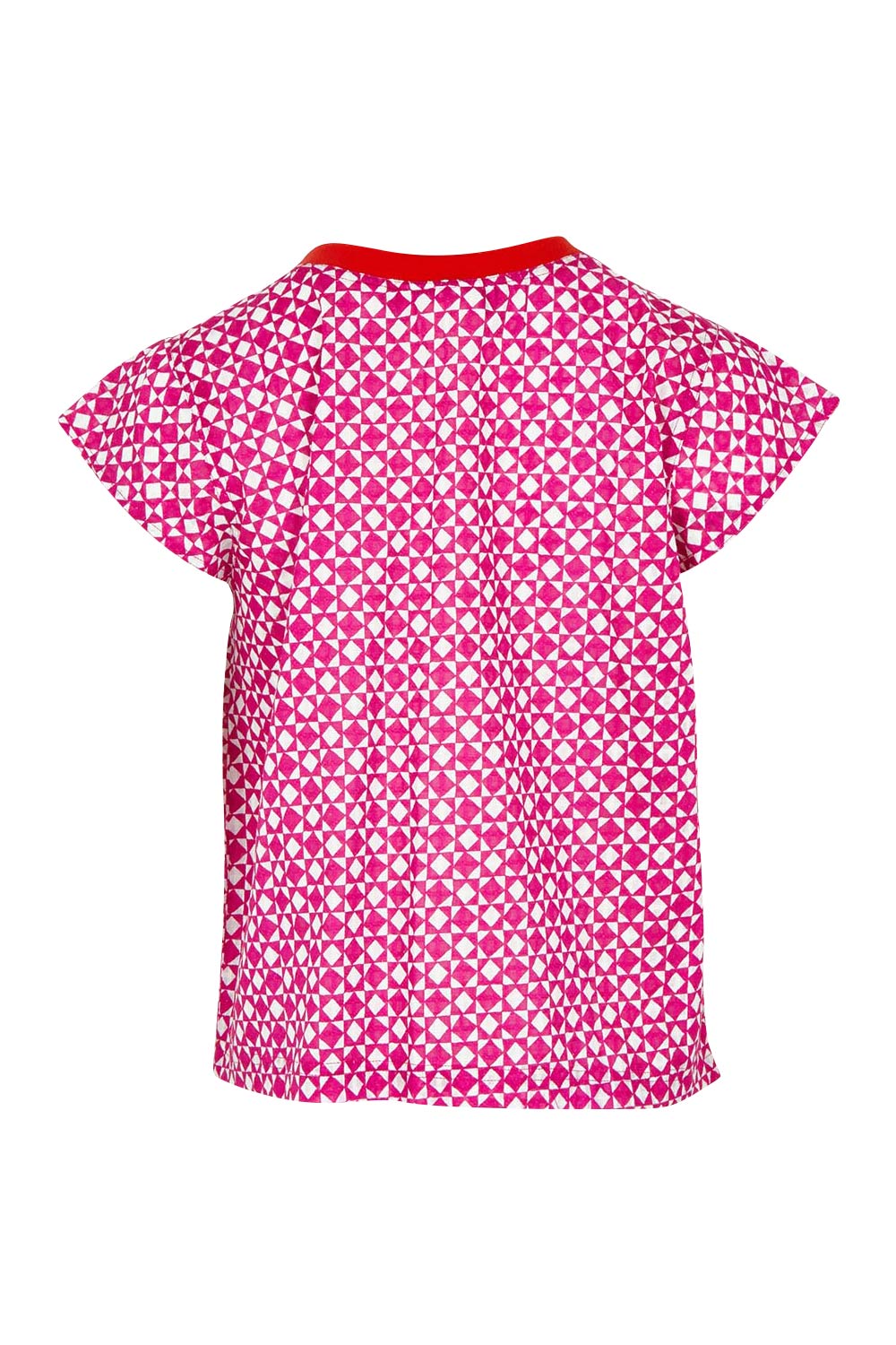 Product shot of the Leaf Cotton Top in colour Naples (Pink), from the back