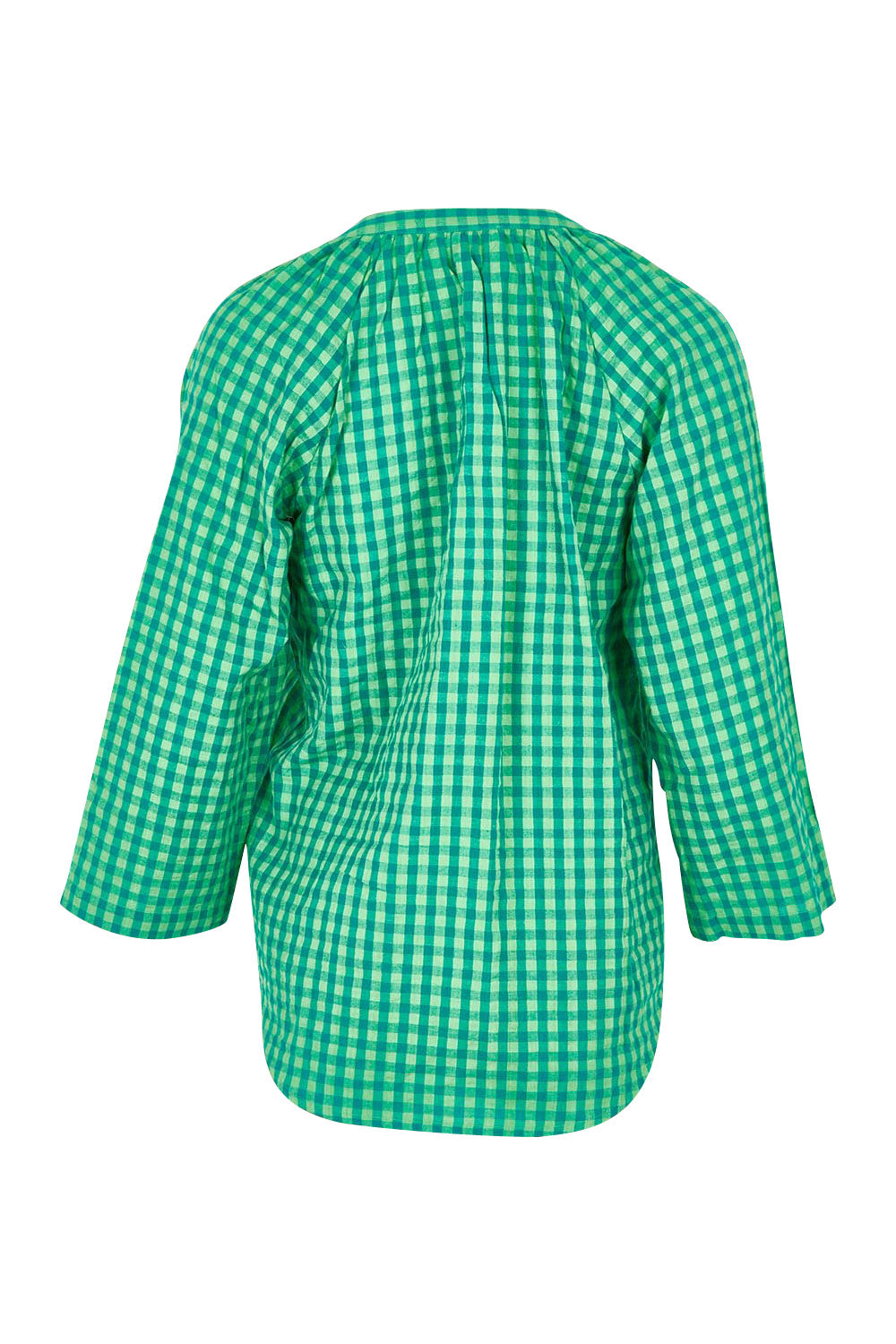 Product shot of the Cecilia Cotton Top in colour Verde (Green), from the back