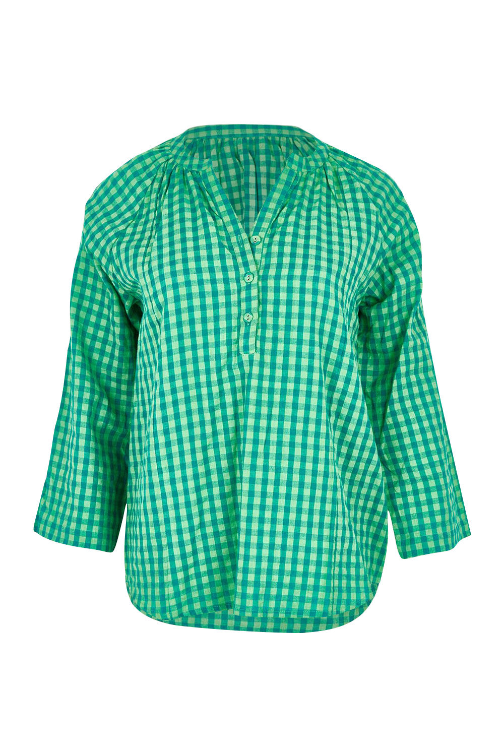 Product shot of the Cecilia Cotton Top in colour Verde (Green), from the front