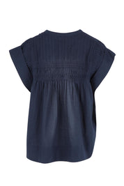 Product shot of the Danika Cotton Top in colour Navy (Blue), from the back