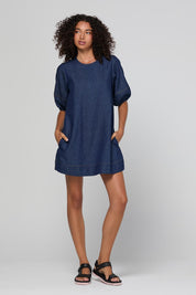 Model Genericm wearing size sample of the Ava Dress – Darkdenim in colour Darkdenim, from the front