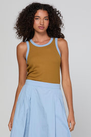 Model Genericm wearing size sample of the Bellissimo Tank – Icedchai in colour Icedchai, in a cropped view