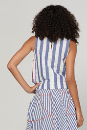 Model Genericm wearing size sample of the Hara Top – Ocean in colour Ocean, from the back