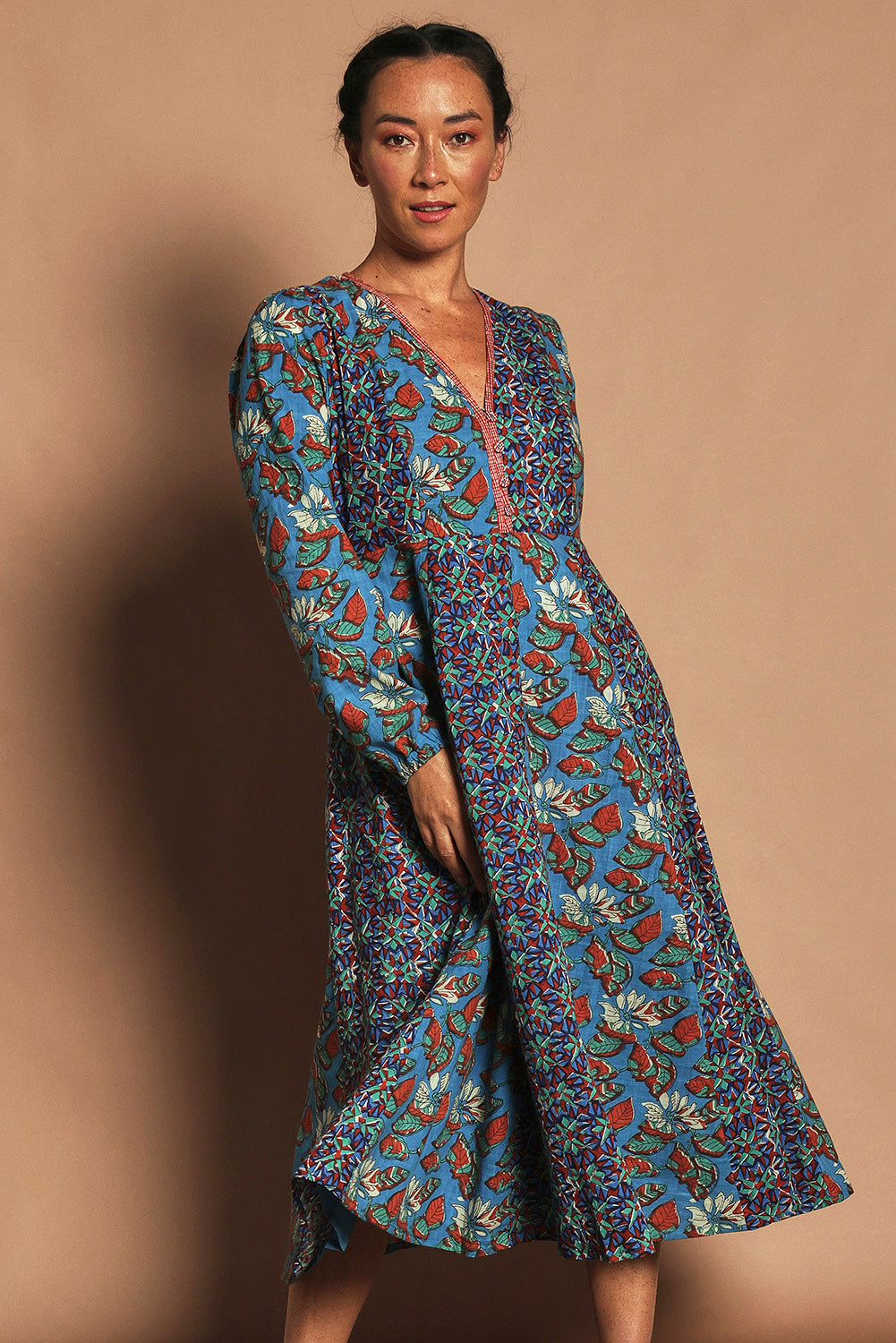 Model Katie wearing size 10 of the Lettie Cotton Dress in colour Lettie (Blue), from the front, showing the whole outfit