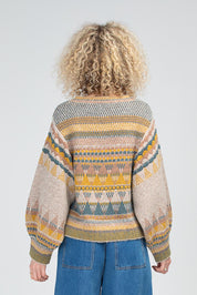 A model wearing the Sofia Wool Blend Jumper in colour Oatmeal, from the back