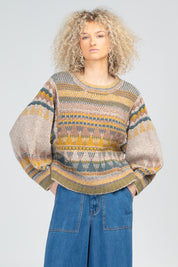 A model wearing the Sofia Wool Blend Jumper in colour Oatmeal, from the front, cropped image