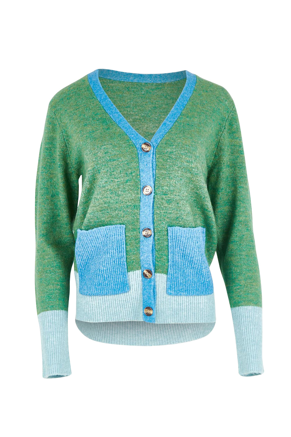 Product shot of the Poet Cardigan in colour Green (Green), from the front