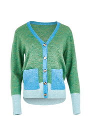 Product shot of the Poet Cardigan in colour Green (Green), from the front