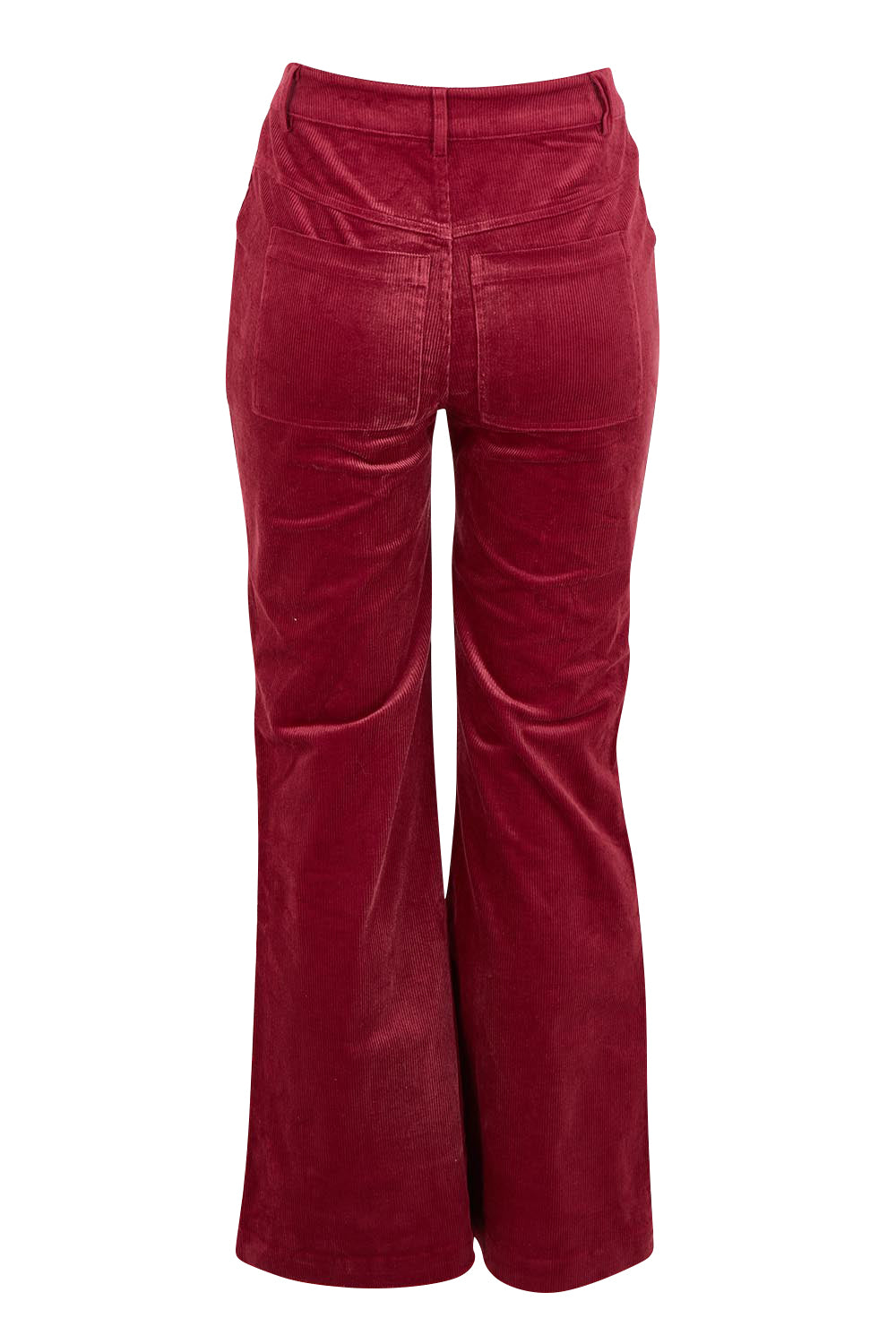 Product shot of the Dharma Pant in colour Cranberry (Red), from the back