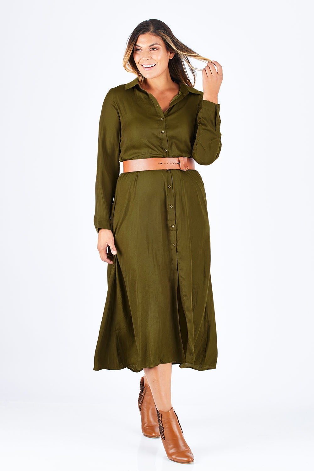 Model Palatina wearing size L of the Safari Dress in colour Moss (Green), from the front, showing the whole outfit