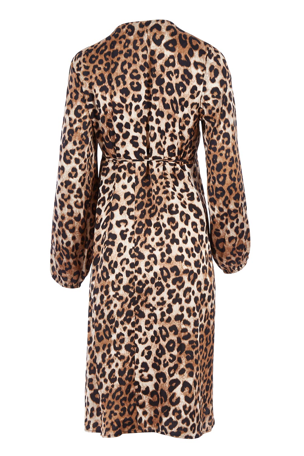 Product shot of the Humphrey Wrap Dress in colour Leopard (Black), from the back