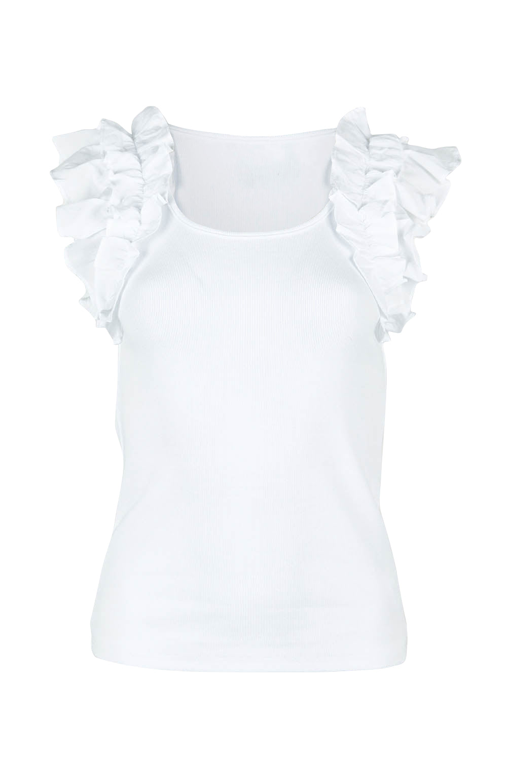 Product shot of the Frills Tank in colour White (White), from the front