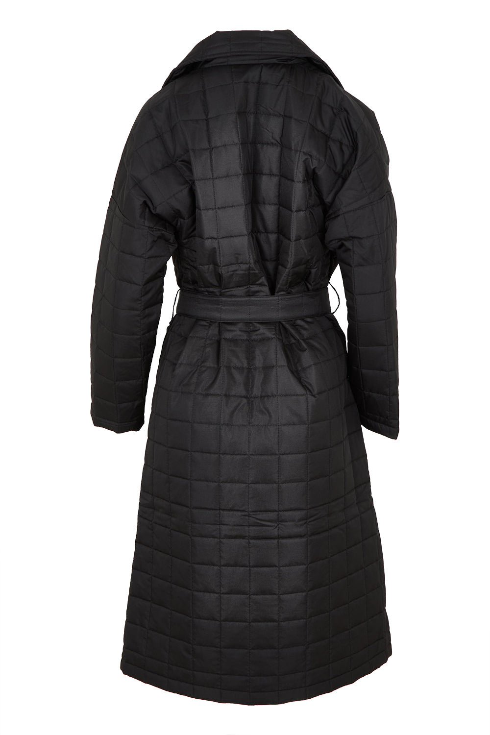 Product shot of the Bedford Longline Puffer in colour Black (Black), from the back