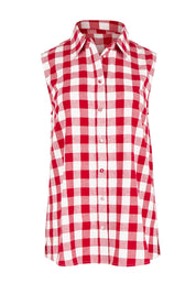 Product shot of the Poppy Sleeveless Cotton Shirt in colour Redgingham (Red), from the front