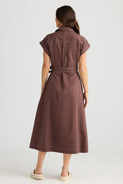 A model wearing the Portia Cotton Linen Lyocell Dress in colour Chocolate, from the back