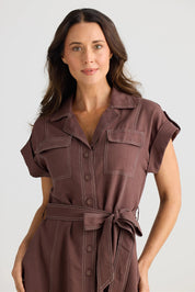 A model wearing the Portia Cotton Linen Lyocell Dress in colour Chocolate, from the front, cropped image