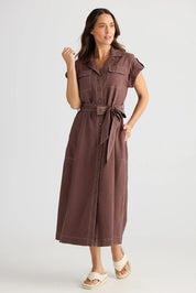 A model wearing the Portia Cotton Linen Lyocell Dress in colour Chocolate, from the front, showing the whole outfit