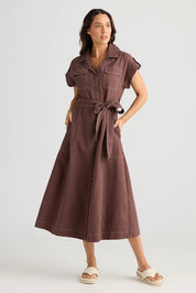 A model wearing the Portia Cotton Linen Lyocell Dress in colour Chocolate, from the front, showing the whole outfit