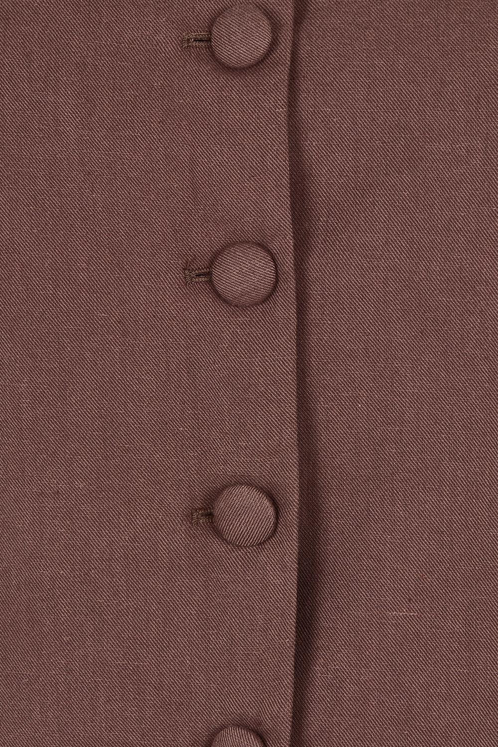 Product shot of the Eden Cotton Linen Blend Wasitcoat in colour Chocolate, detail