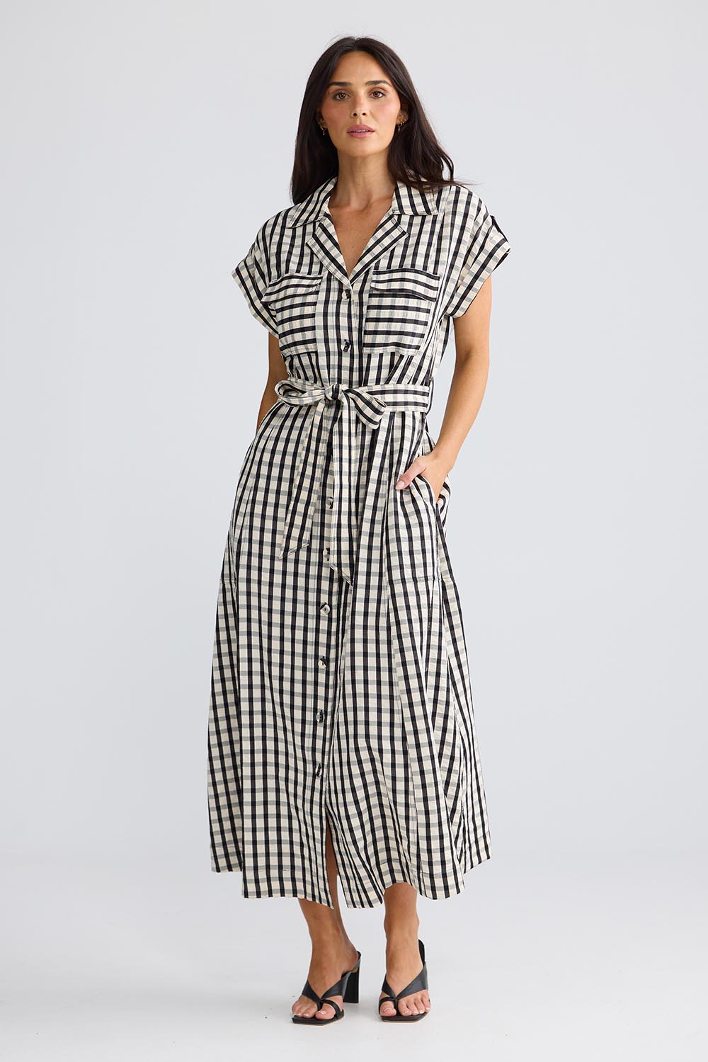 Model Genericm wearing size sample of the Portia Dress – Blkgingham in colour Blkgingham, from the front