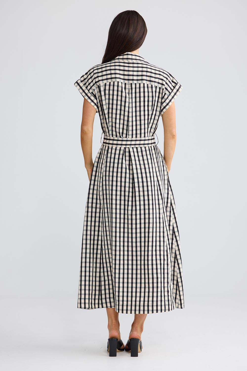 Model Genericm wearing size sample of the Portia Dress – Blkgingham in colour Blkgingham, from the front