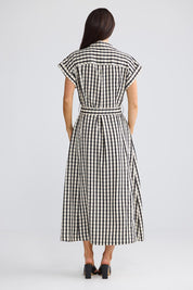 Model Genericm wearing size sample of the Portia Dress – Blkgingham in colour Blkgingham, from the front