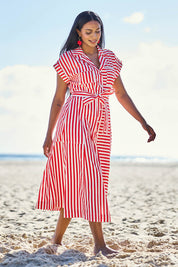 Model Eshan wearing size 10 of the Portia Dress - Cherrystripe in colour Cherrystripe, from the front