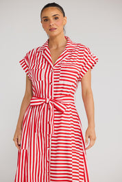 Model Genericm wearing size sample of the Portia Dress - Cherrystripe in colour Cherrystripe, in a cropped view