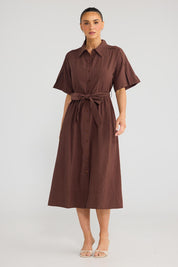Model Genericm wearing size sample of the Leo Dress - Cocoa in colour Cocoa, from the front