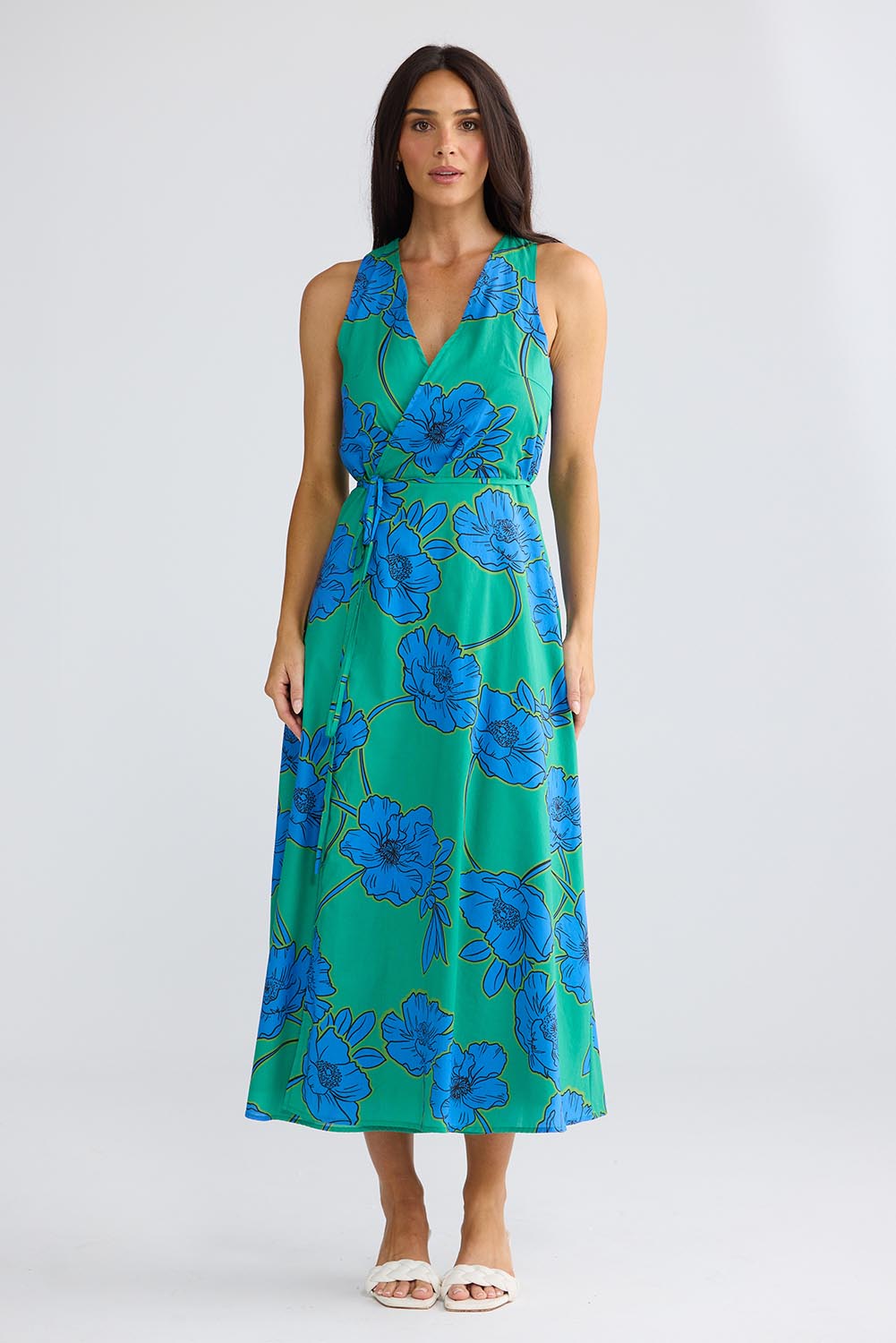 Model Genericm wearing size sample of the Remy Wrap Dress – Bloomsbury in colour Bloomsbury, from the front