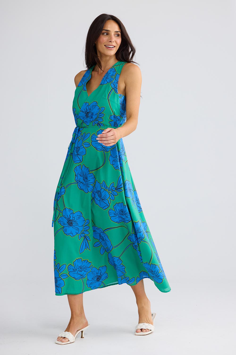 Model Genericm wearing size sample of the Remy Wrap Dress – Bloomsbury in colour Bloomsbury, from the front