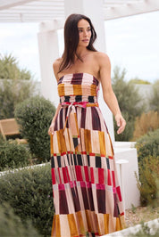Model Genericm wearing size sample of the Avalon Dress – Painterly in colour Painterly, from an angle
