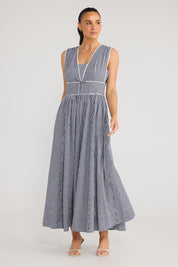 Model Genericm wearing size sample of the Pimms Dress - Navycheck in colour Navycheck, from the front
