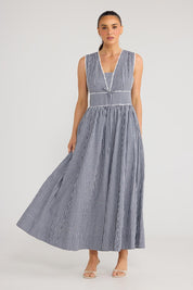 Model Genericm wearing size sample of the Pimms Dress - Navycheck in colour Navycheck, from the front