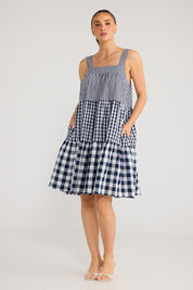 Model Genericm wearing size sample of the Clarice Dress - Navycheck in colour Navycheck, from the front