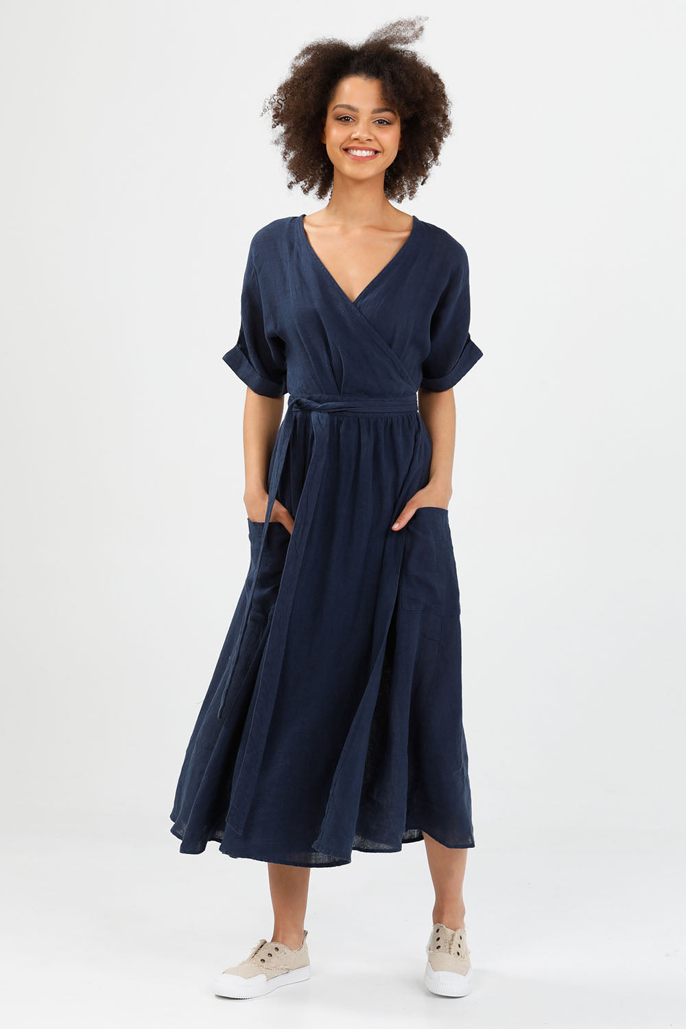 Brave & True Women's Calf Length Dresses Blue Wrap Party Linen Women's ...