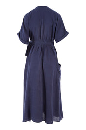 Product shot of the Pansies Wrap Dress in colour Navy (Blue), from the back