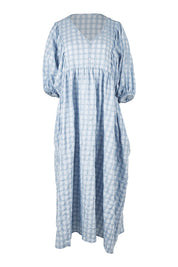 Product shot of the Ciao Bella Dress in colour Bluecheck (Blue), from the front