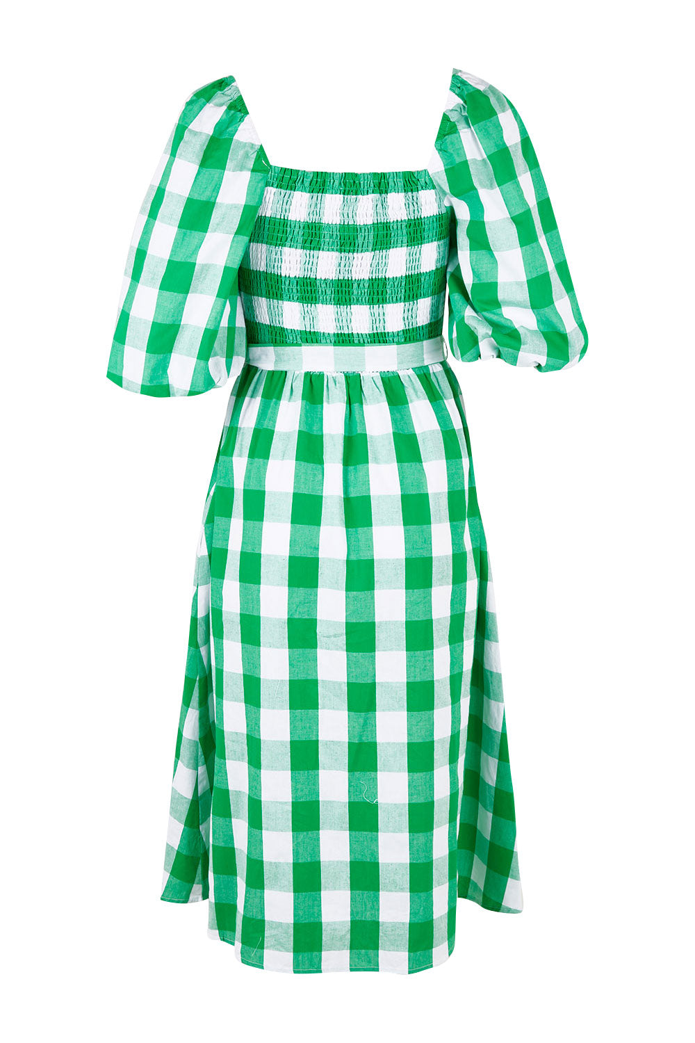 Product shot of the Bellini Sundress in colour Applecheck (Green), from the back
