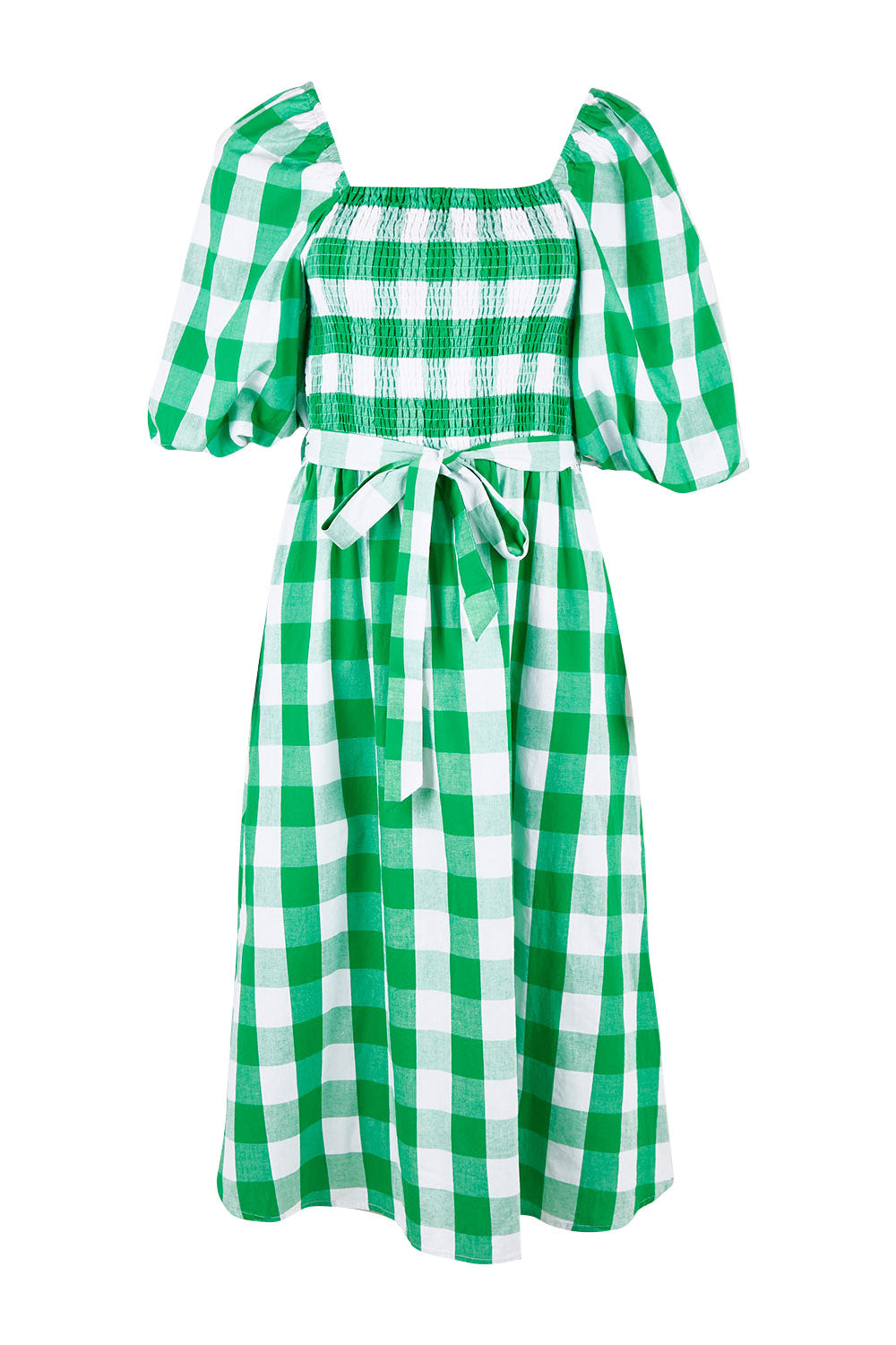 Product shot of the Bellini Sundress in colour Applecheck (Green), from the front