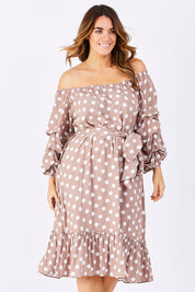 Model Laura wearing size M-L of the Saloon Dress in colour BlushDot (Pink), from the front, cropped image