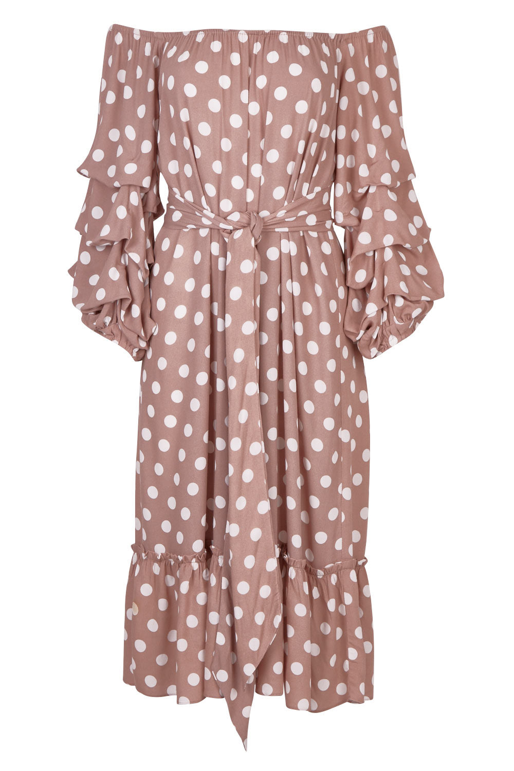 Product shot of the Saloon Dress in colour BlushDot (Pink), from the front