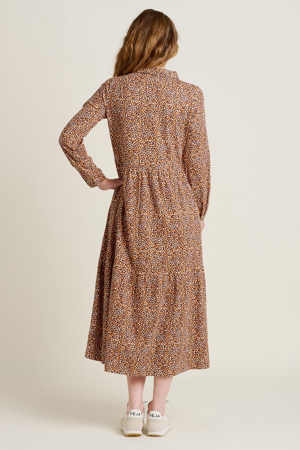A model wearing the Painted Spot Cotton Maxi Dress in colour Print, from the back