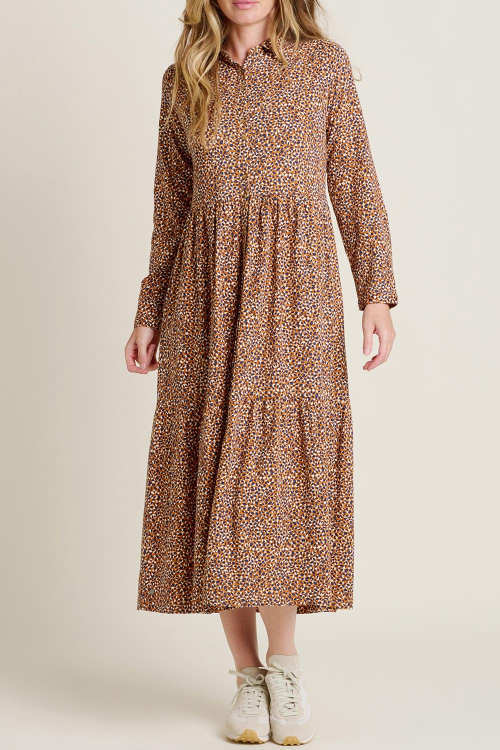 A model wearing the Painted Spot Cotton Maxi Dress in colour Print, from the front, cropped image