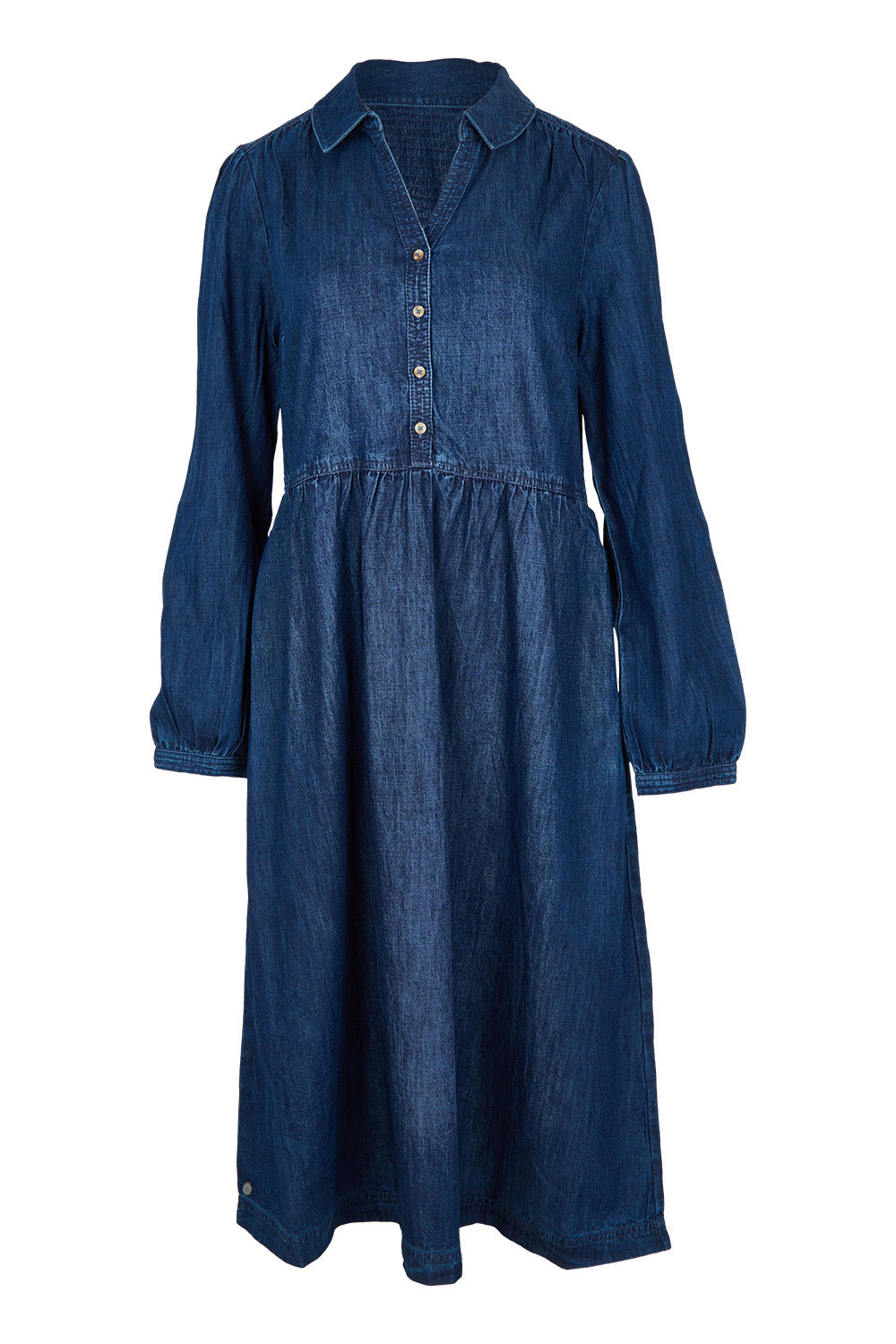 Product shot of the Ashmore Denim Dress in colour Denim (Blue), from the front