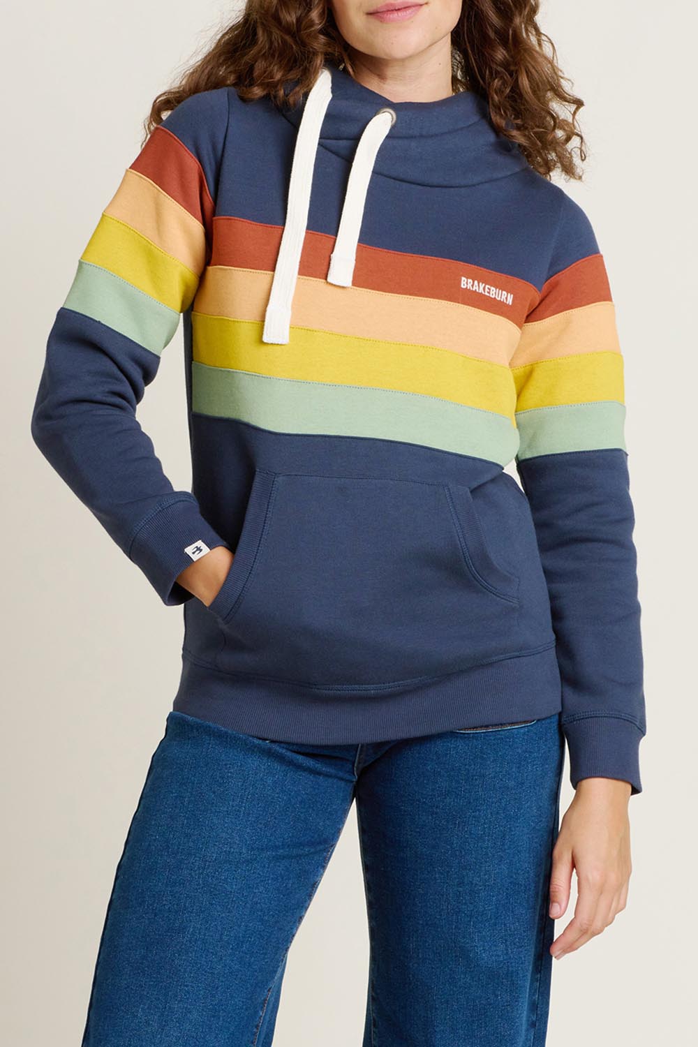 A model wearing the Elise Stripe Cotton Blend Hoodie in colour Multi (Blue), from the front, cropped image