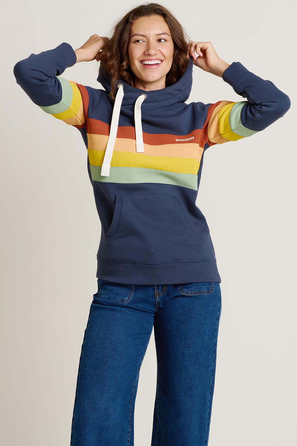 A model wearing the Elise Stripe Cotton Blend Hoodie in colour Multi (Blue), from the front, cropped image