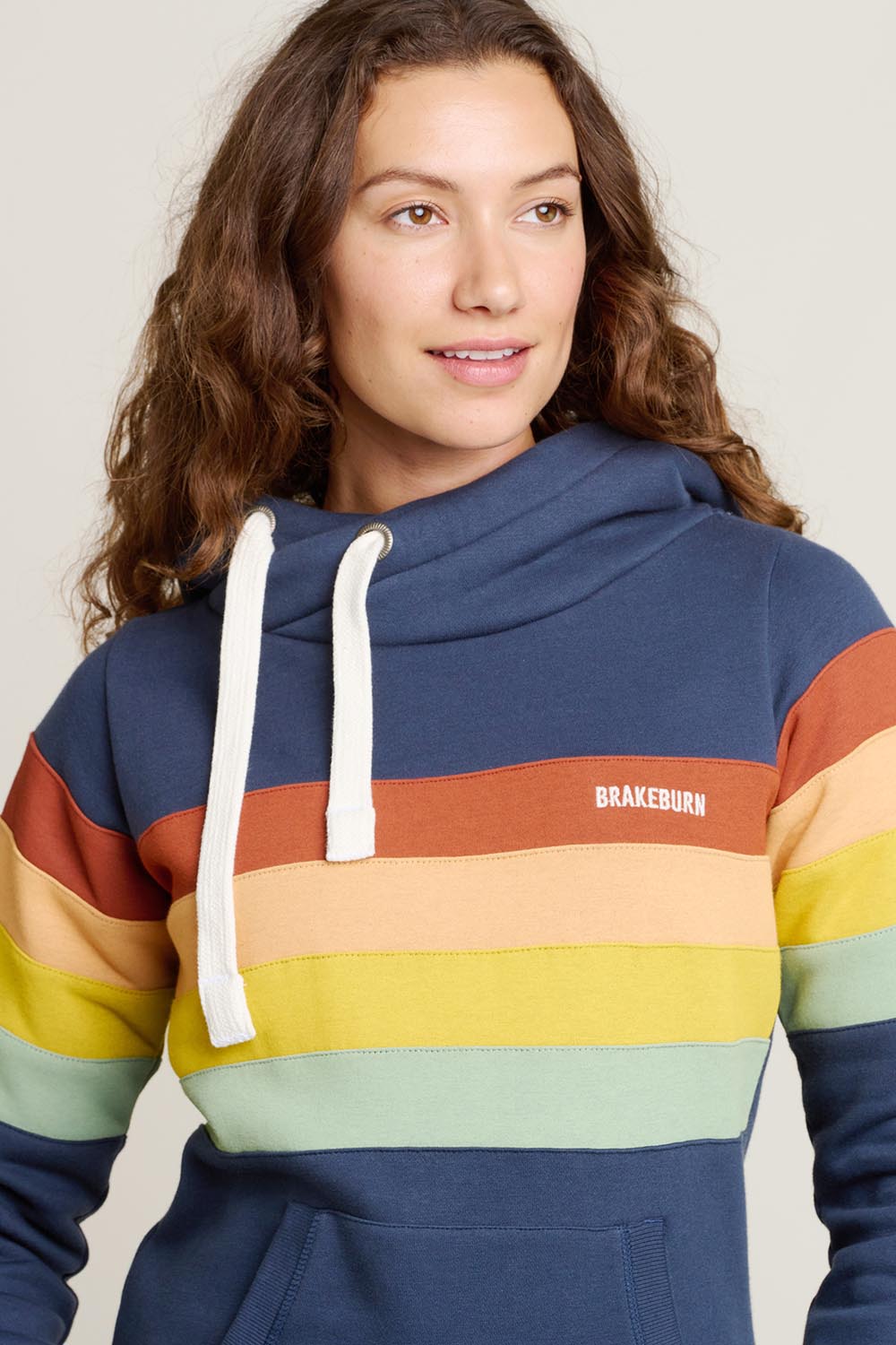 A model wearing the Elise Stripe Cotton Blend Hoodie in colour Multi (Blue), from the front, cropped image