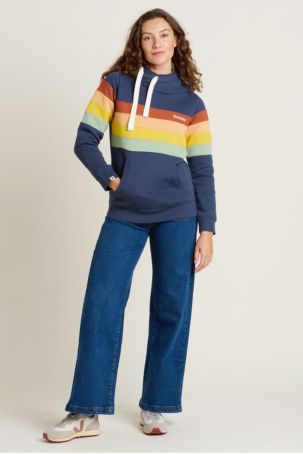 A model wearing the Elise Stripe Cotton Blend Hoodie in colour Multi (Blue), from the front, showing the whole outfit