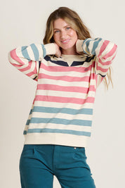 A model wearing the Stripe Crew Neck Cotton Sweatshirt in colour Multi, from the front, cropped image